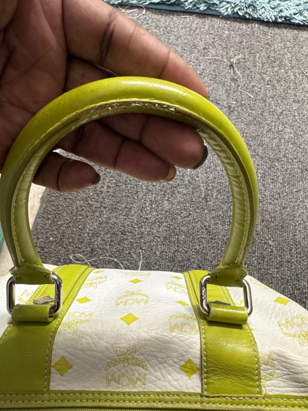 MCM White Satchel with Yellow & Navy Leather Trim Authentic pieces sold separate - Picture 7 of 13